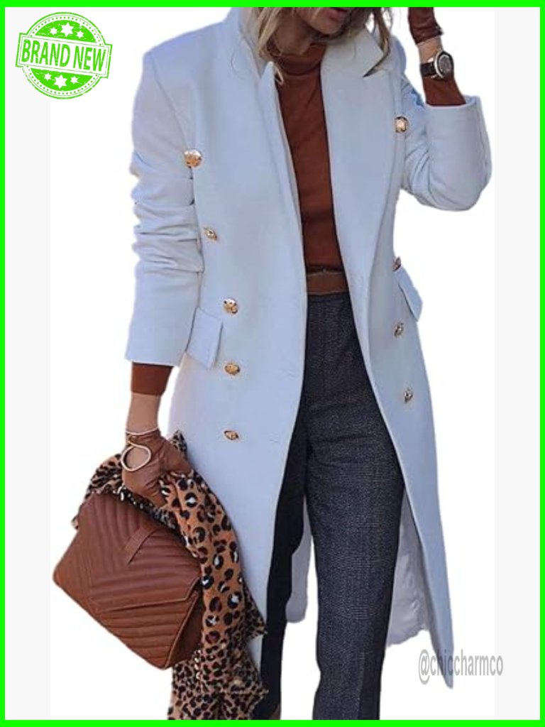 Wool Coat Long Double Breasted Peacoat Notch Lapel Knee Length Trench Jacket